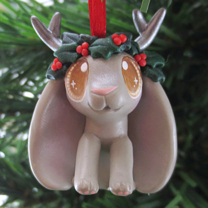 Holly Crown Grey Jackalope Ornament - Polymer Clay Christmas Animals