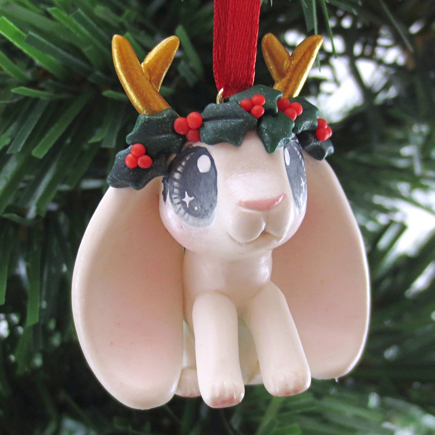 Holly Crown White Jackalope Ornament - Polymer Clay Christmas Animals