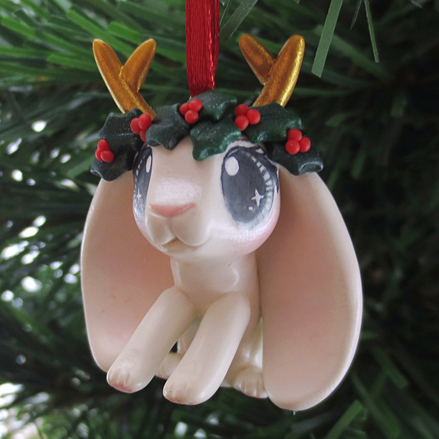 Holly Crown White Jackalope Ornament - Polymer Clay Christmas Animals