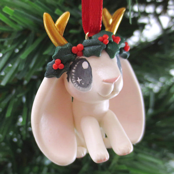 Holly Crown White Jackalope Ornament - Polymer Clay Christmas Animals