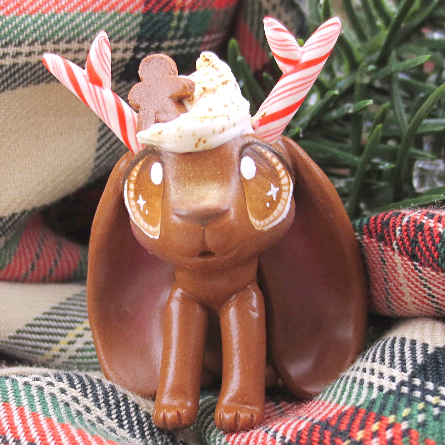 Gingerbread Latte Jackalope Bunny Figurine - Polymer Clay Christmas Animals