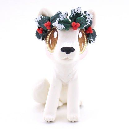 Arctic White Wolf with Holly Crown Figurine - Polymer Clay Christmas Animals