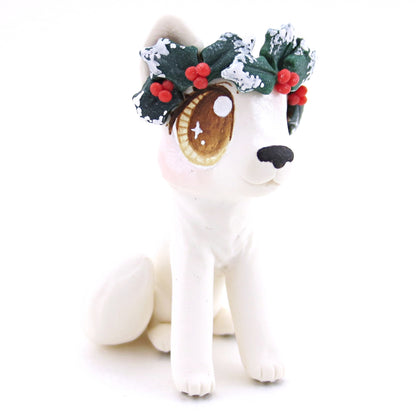 Arctic White Wolf with Holly Crown Figurine - Polymer Clay Christmas Animals