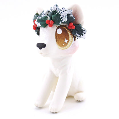 Arctic White Wolf with Holly Crown Figurine - Polymer Clay Christmas Animals