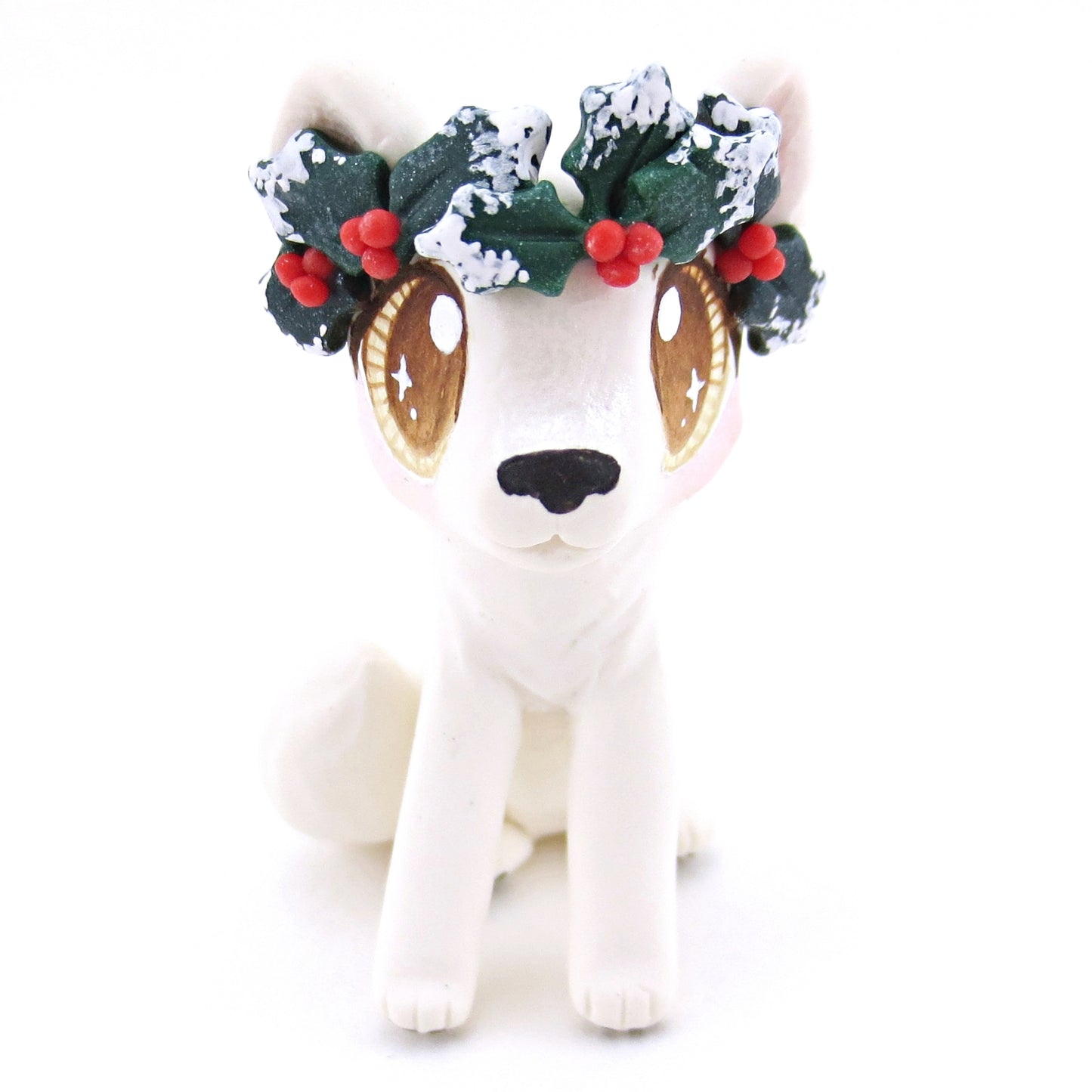 Arctic White Wolf with Holly Crown Figurine - Polymer Clay Christmas Animals