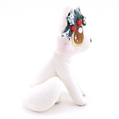 Arctic White Wolf with Holly Crown Figurine - Polymer Clay Christmas Animals