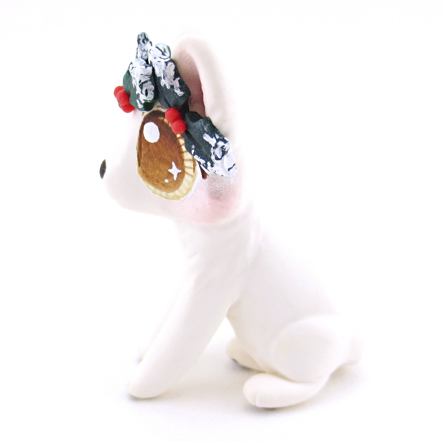 Arctic White Wolf with Holly Crown Figurine - Polymer Clay Christmas Animals