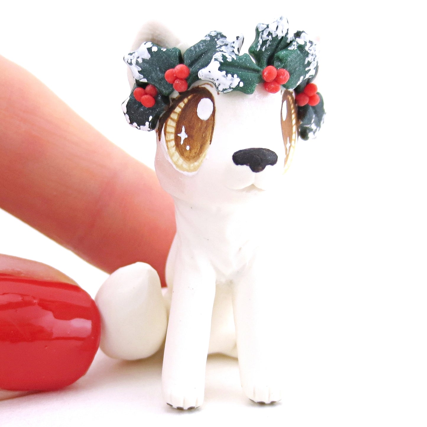 Arctic White Wolf with Holly Crown Figurine - Polymer Clay Christmas Animals