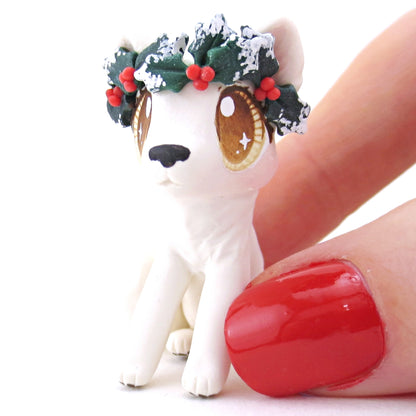 Arctic White Wolf with Holly Crown Figurine - Polymer Clay Christmas Animals