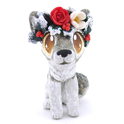 Grey Wolf with Winter Flower Crown Figurine - Polymer Clay Christmas Animals