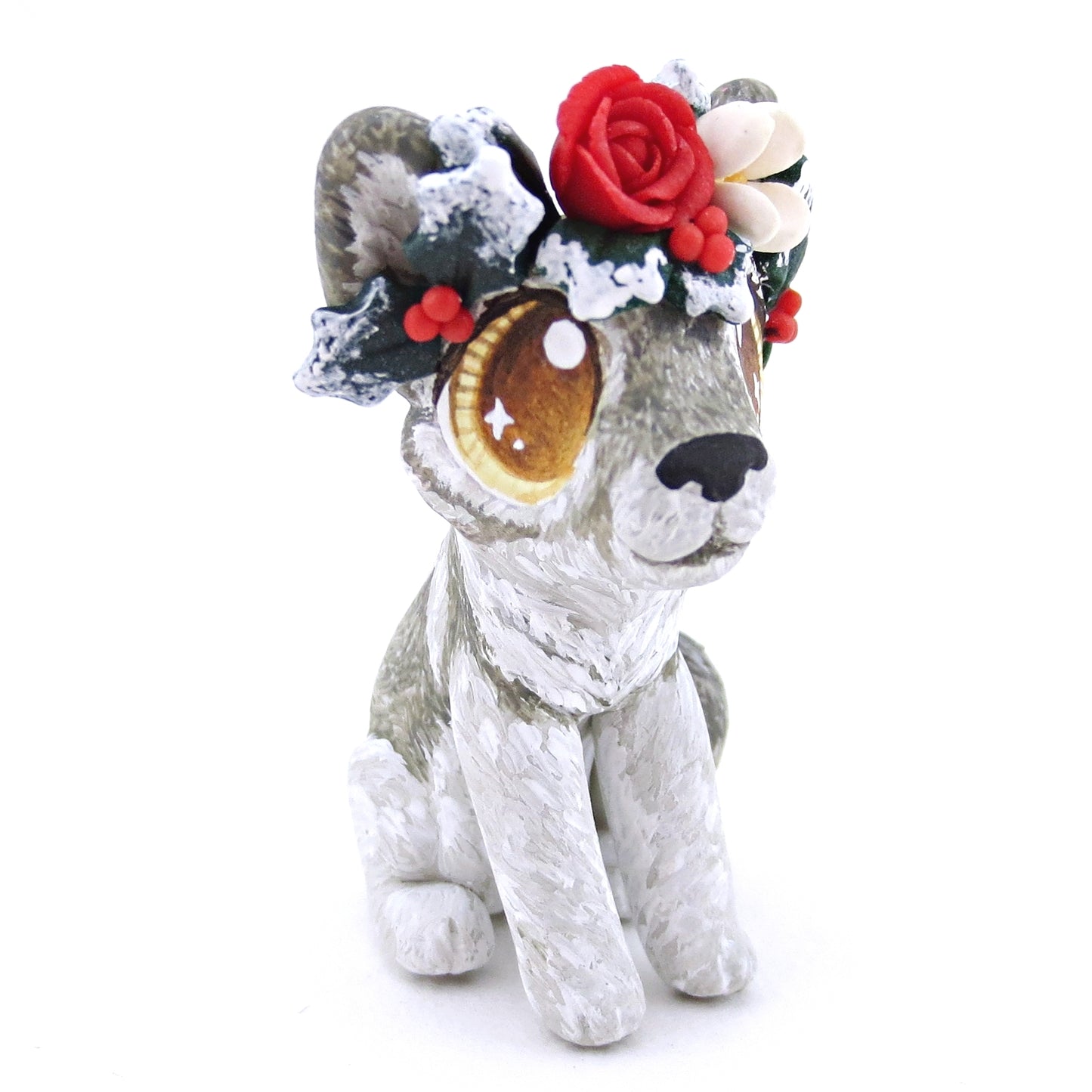 Grey Wolf with Winter Flower Crown Figurine - Polymer Clay Christmas Animals