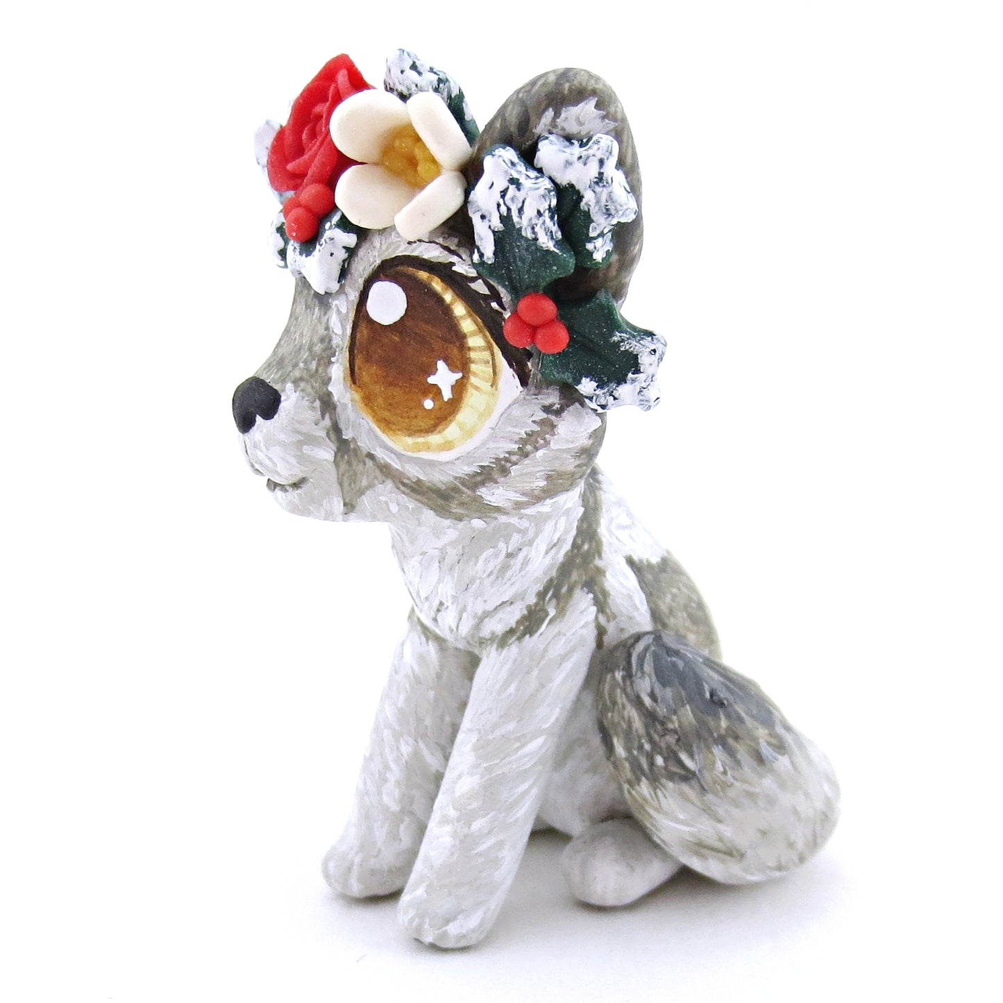 Grey Wolf with Winter Flower Crown Figurine - Polymer Clay Christmas Animals