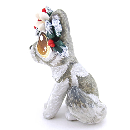 Grey Wolf with Winter Flower Crown Figurine - Polymer Clay Christmas Animals