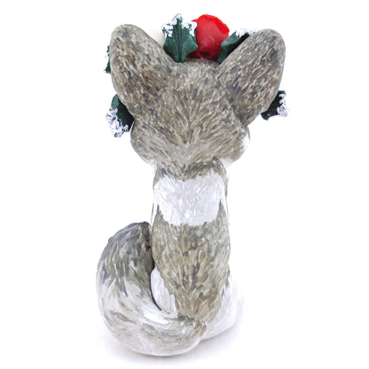 Grey Wolf with Winter Flower Crown Figurine - Polymer Clay Christmas Animals