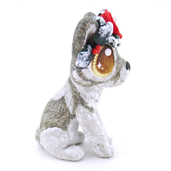 Grey Wolf with Winter Flower Crown Figurine - Polymer Clay Christmas Animals