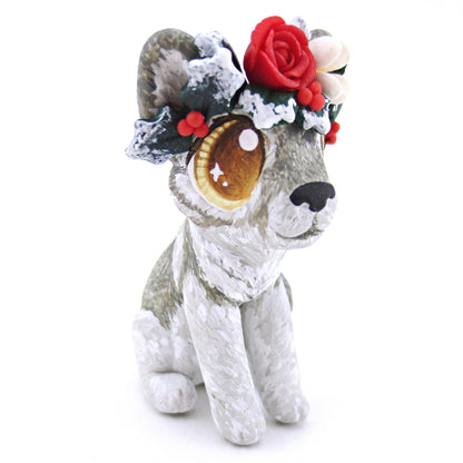 Grey Wolf with Winter Flower Crown Figurine - Polymer Clay Christmas Animals