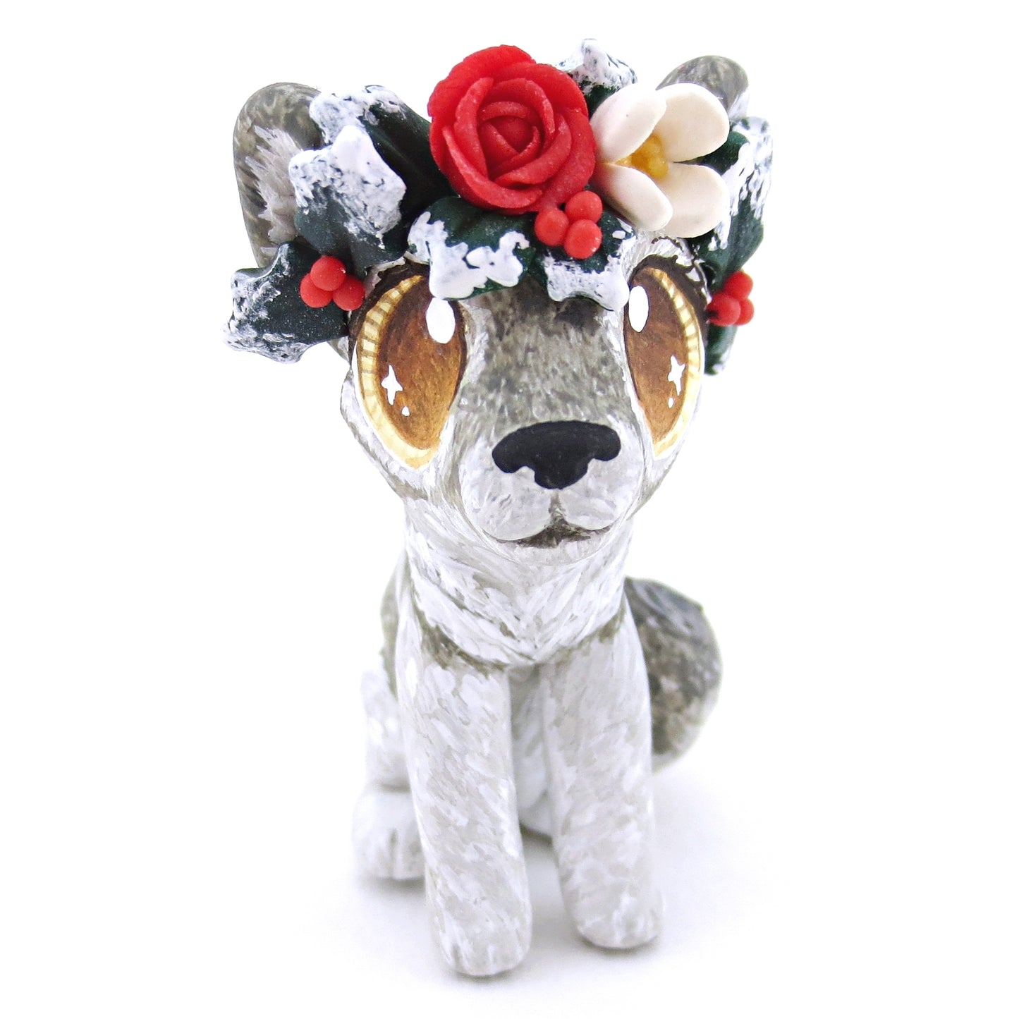 Grey Wolf with Winter Flower Crown Figurine - Polymer Clay Christmas Animals