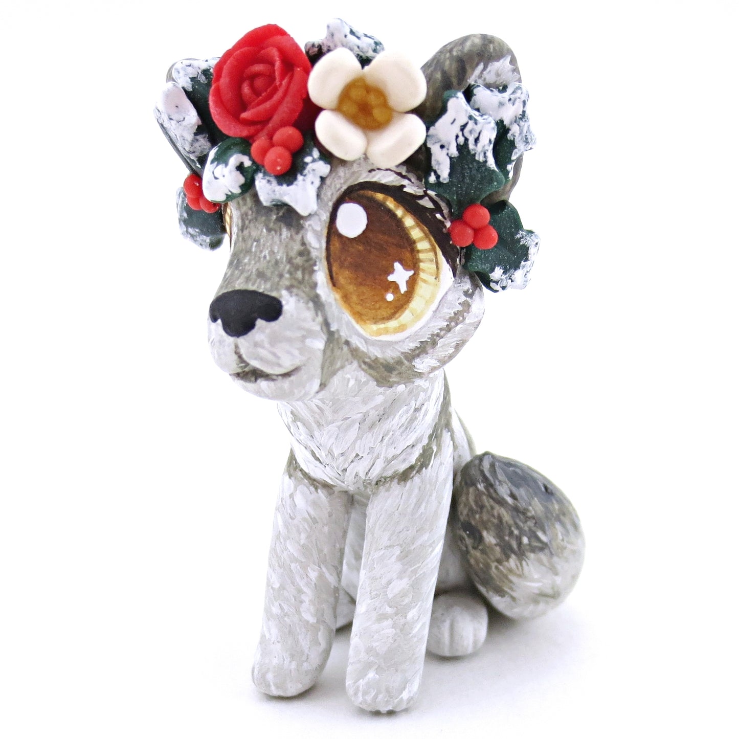 Grey Wolf with Winter Flower Crown Figurine - Polymer Clay Christmas Animals