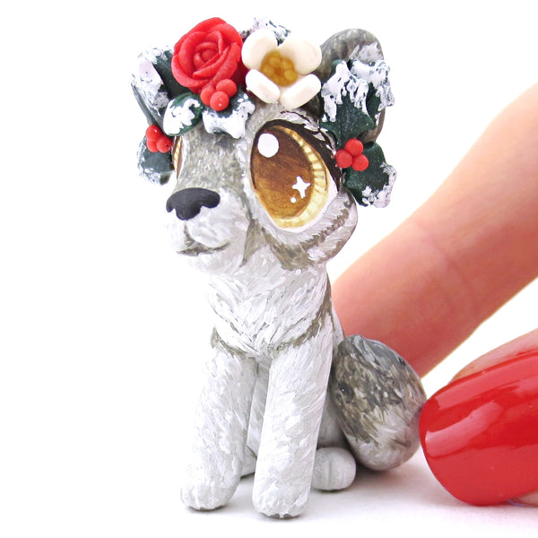 Grey Wolf with Winter Flower Crown Figurine - Polymer Clay Christmas Animals