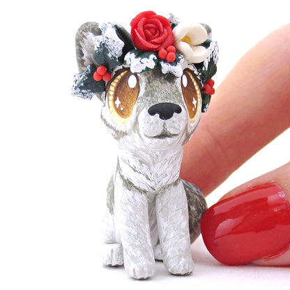 Grey Wolf with Winter Flower Crown Figurine - Polymer Clay Christmas Animals