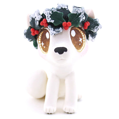 Arctic Fox with Holly Crown Figurine - Polymer Clay Christmas Animals