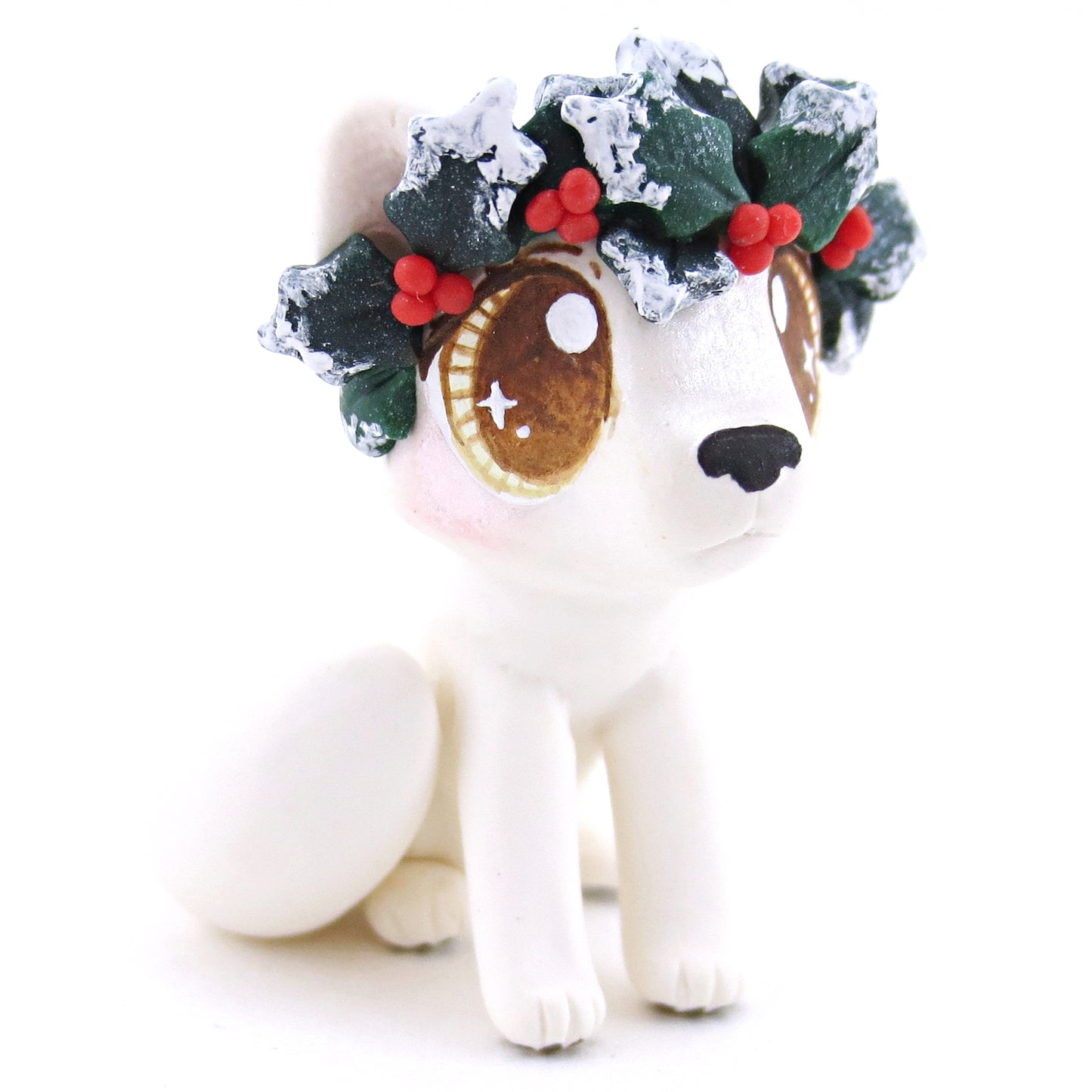 Arctic Fox with Holly Crown Figurine - Polymer Clay Christmas Animals