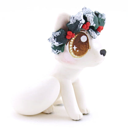 Arctic Fox with Holly Crown Figurine - Polymer Clay Christmas Animals