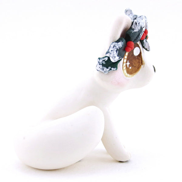 Arctic Fox with Holly Crown Figurine - Polymer Clay Christmas Animals
