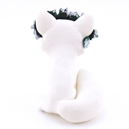 Arctic Fox with Holly Crown Figurine - Polymer Clay Christmas Animals