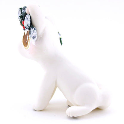 Arctic Fox with Holly Crown Figurine - Polymer Clay Christmas Animals