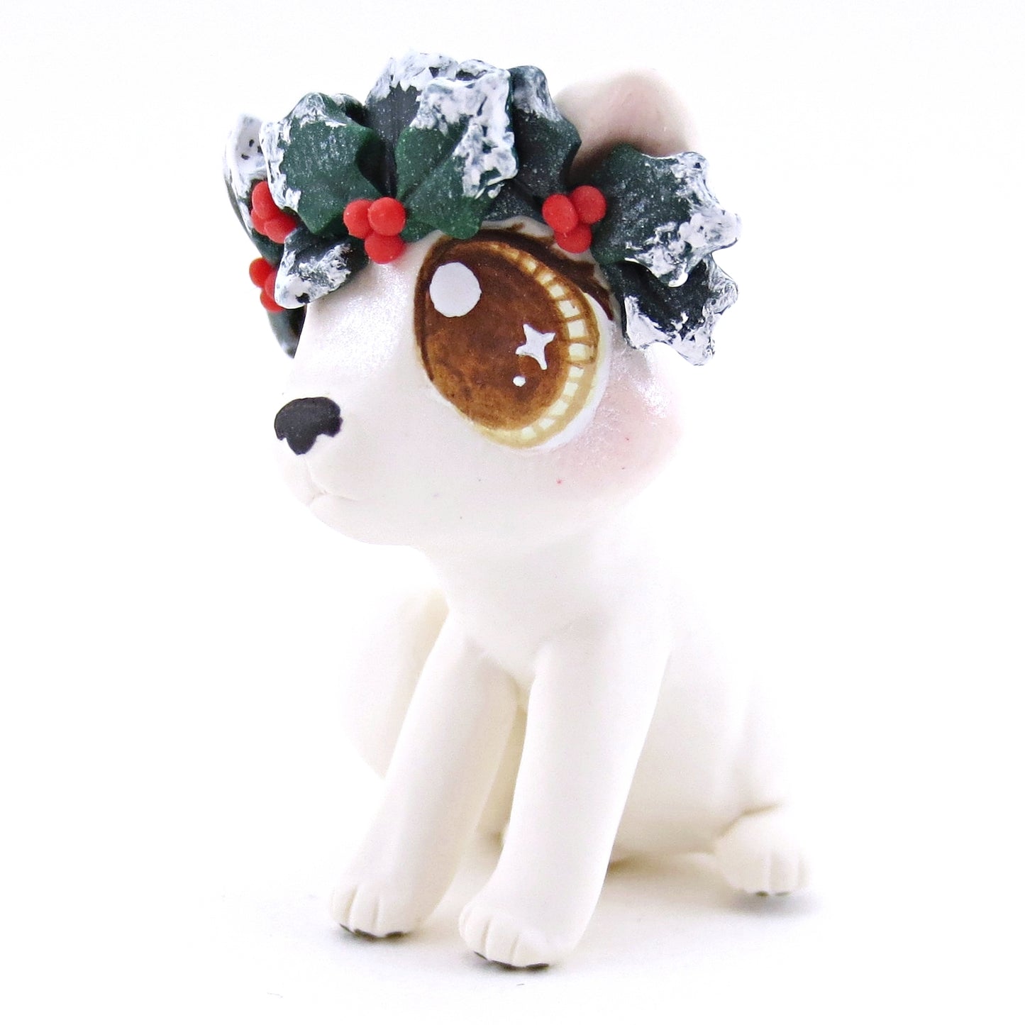 Arctic Fox with Holly Crown Figurine - Polymer Clay Christmas Animals