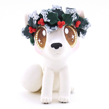 Arctic Fox with Holly Crown Figurine - Polymer Clay Christmas Animals