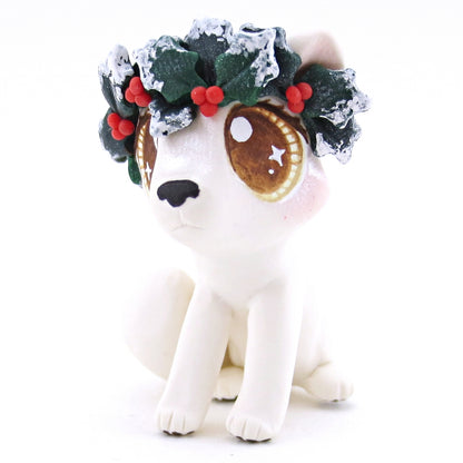 Arctic Fox with Holly Crown Figurine - Polymer Clay Christmas Animals