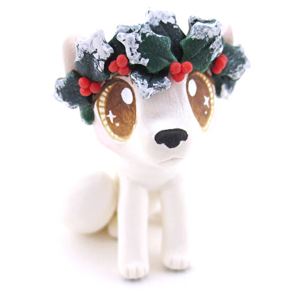 Arctic Fox with Holly Crown Figurine - Polymer Clay Christmas Animals