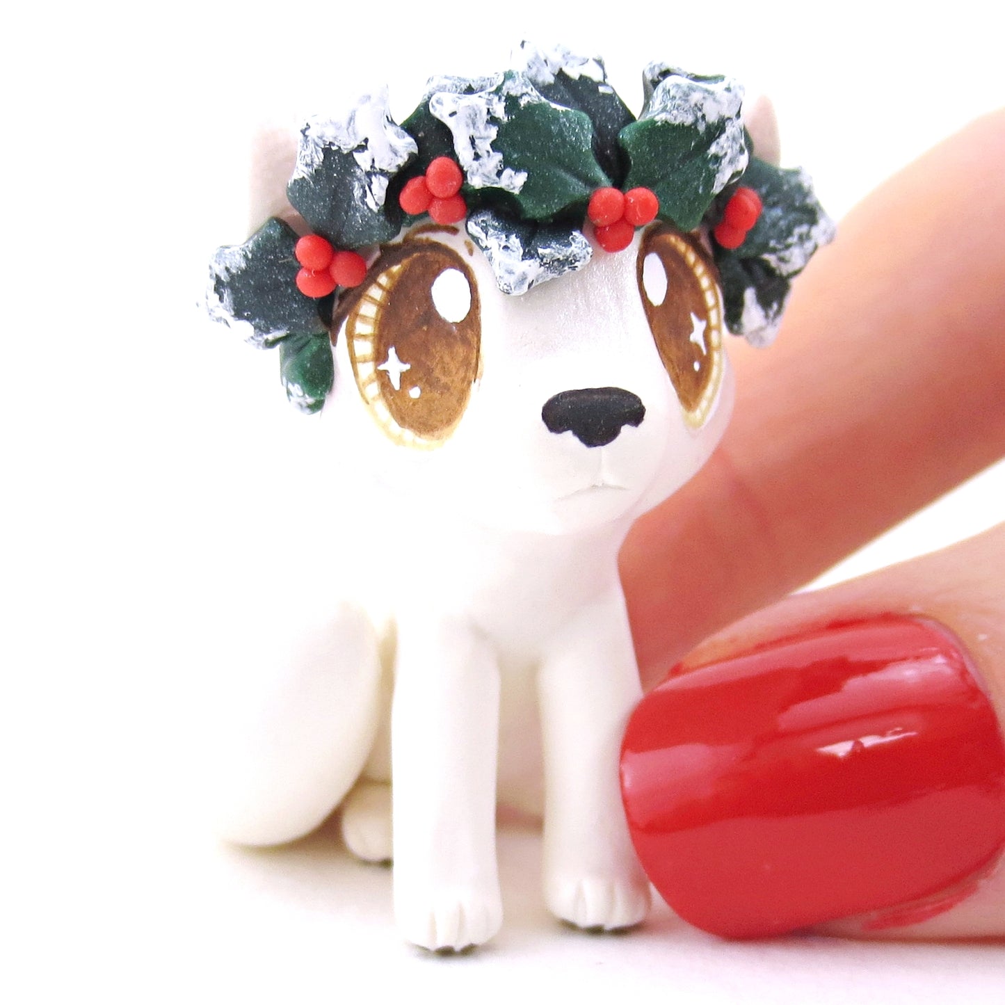 Arctic Fox with Holly Crown Figurine - Polymer Clay Christmas Animals