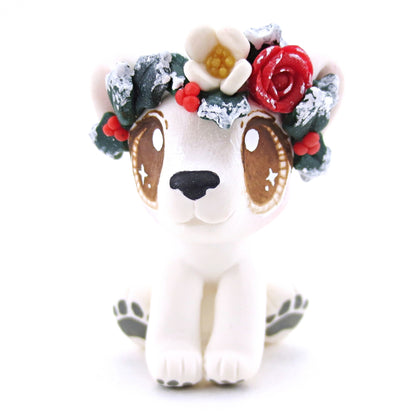 Baby Polar Bear with Winter Flower Crown Figurine - Polymer Clay Christmas Animals