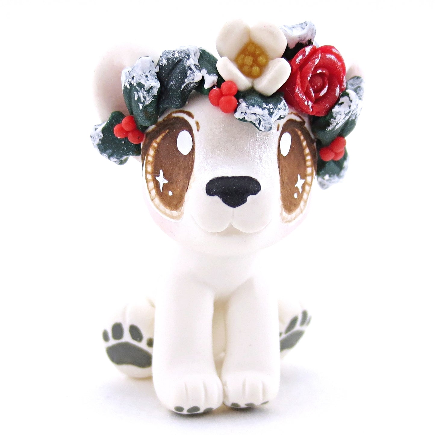 Baby Polar Bear with Winter Flower Crown Figurine - Polymer Clay Christmas Animals