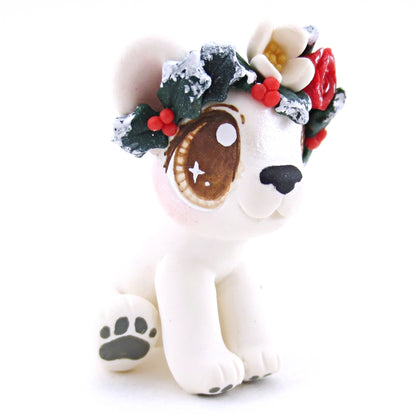 Baby Polar Bear with Winter Flower Crown Figurine - Polymer Clay Christmas Animals