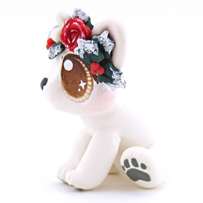 Baby Polar Bear with Winter Flower Crown Figurine - Polymer Clay Christmas Animals