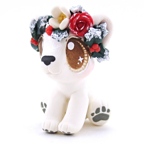 Baby Polar Bear with Winter Flower Crown Figurine - Polymer Clay Christmas Animals