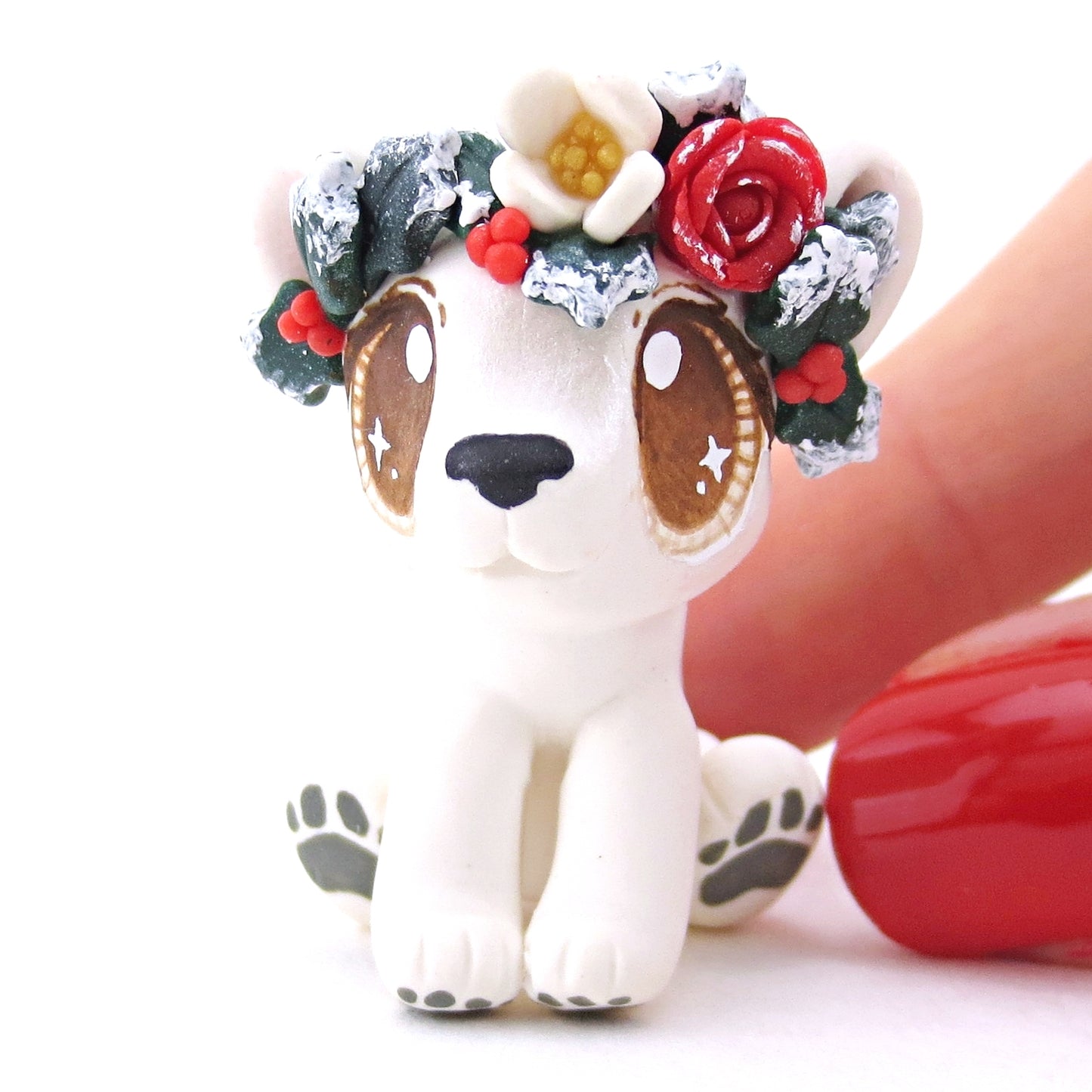 Baby Polar Bear with Winter Flower Crown Figurine - Polymer Clay Christmas Animals