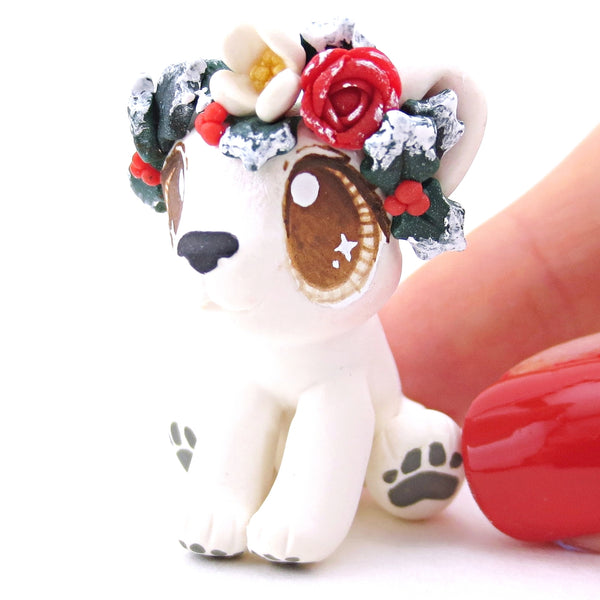 Baby Polar Bear with Winter Flower Crown Figurine - Polymer Clay Christmas Animals