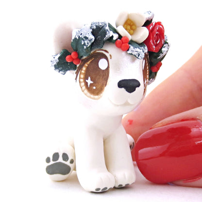 Baby Polar Bear with Winter Flower Crown Figurine - Polymer Clay Christmas Animals