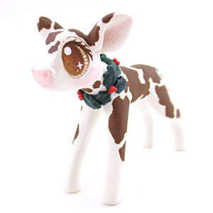 Brown Holstein Cow with Holly Wreath Figurine - Polymer Clay Christmas Animals