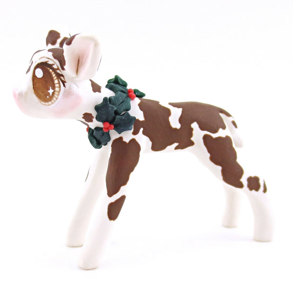 Brown Holstein Cow with Holly Wreath Figurine - Polymer Clay Christmas Animals
