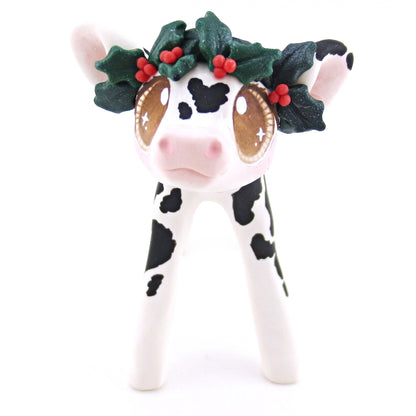 Black Holstein Cow with Holly Crown Figurine - Polymer Clay Christmas Animals