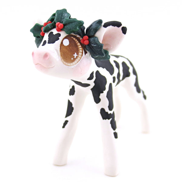 Black Holstein Cow with Holly Crown Figurine - Polymer Clay Christmas Animals