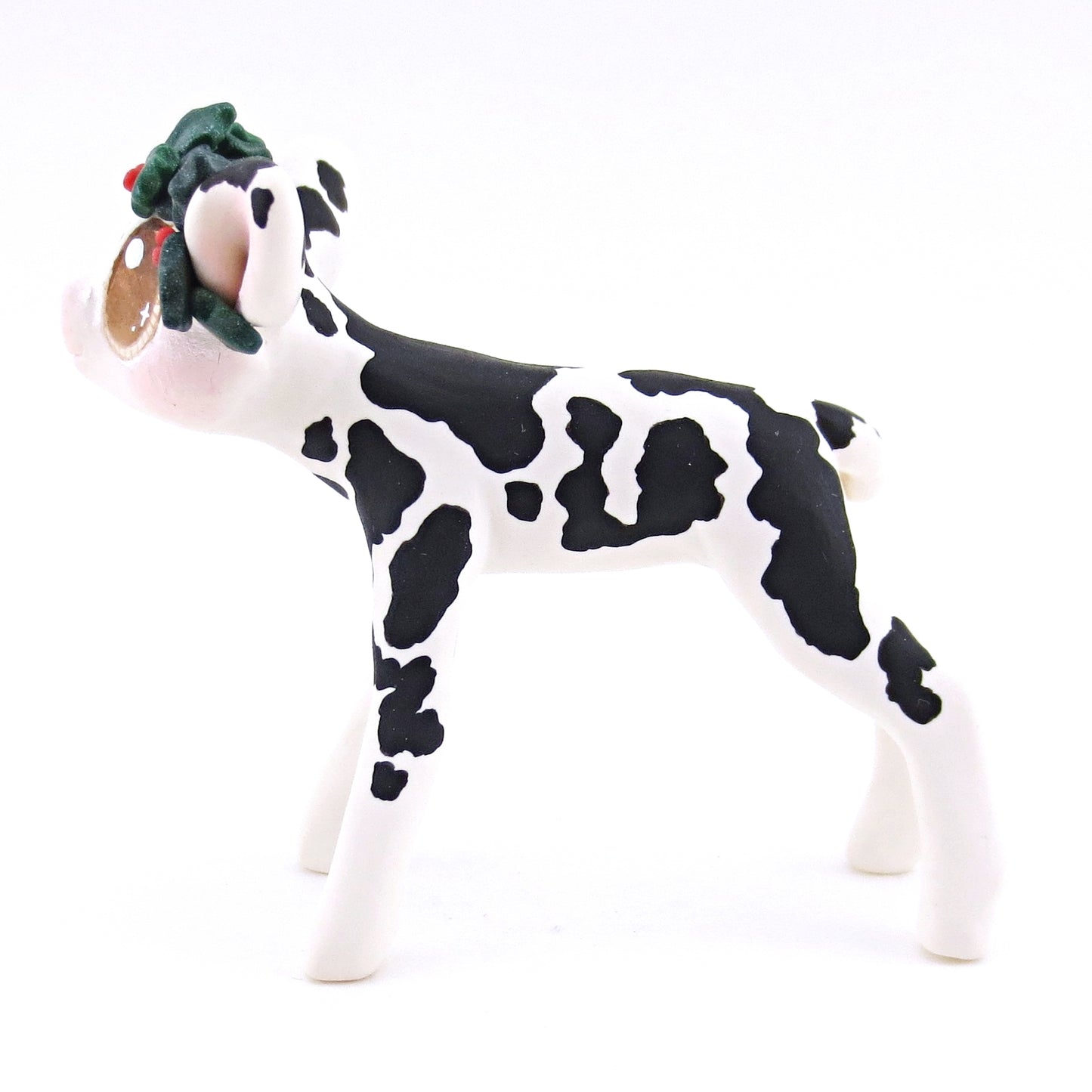 Black Holstein Cow with Holly Crown Figurine - Polymer Clay Christmas Animals