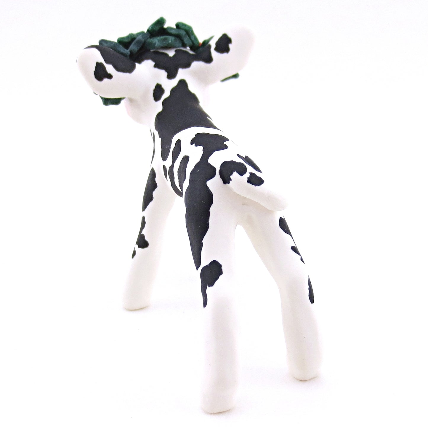 Black Holstein Cow with Holly Crown Figurine - Polymer Clay Christmas Animals