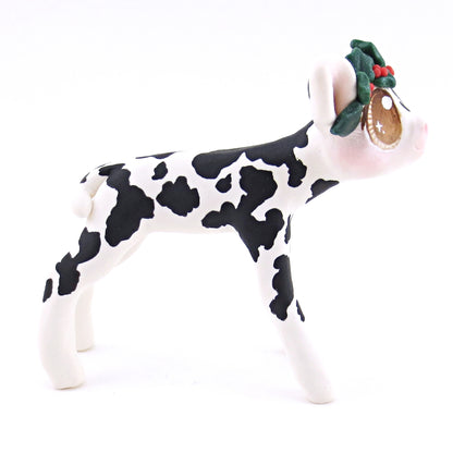 Black Holstein Cow with Holly Crown Figurine - Polymer Clay Christmas Animals